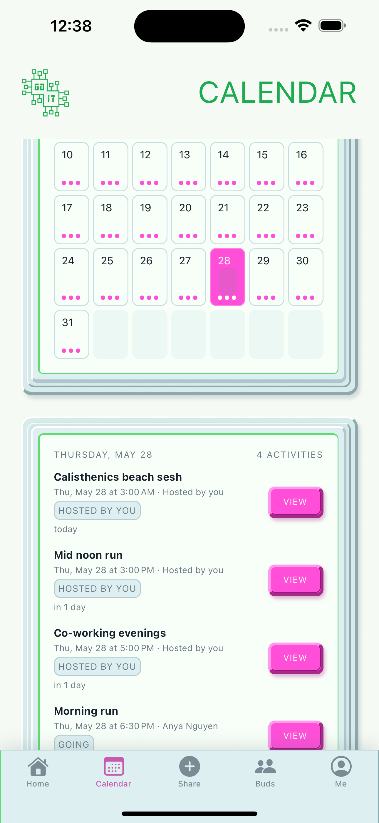 Go It calendar screen showing activity dots across May 2026
